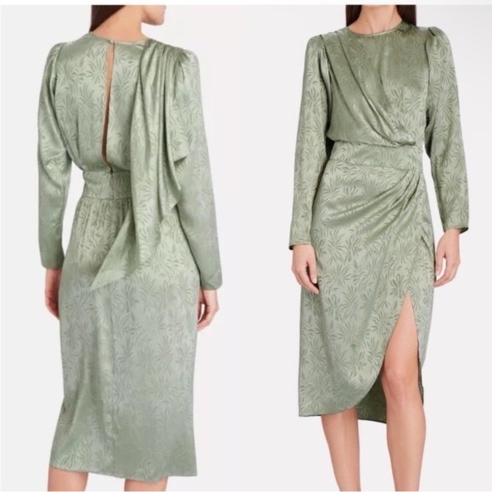 Ronny Kobo Jade Leaf Jacquard Long Sleeve Silk Midi Dress L